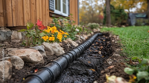 Garden drainage system improvement near wooden house surrounded by autumn flo...
