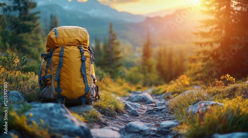 Backpack resting on a hiking trail at sunset in a mountainous landscape