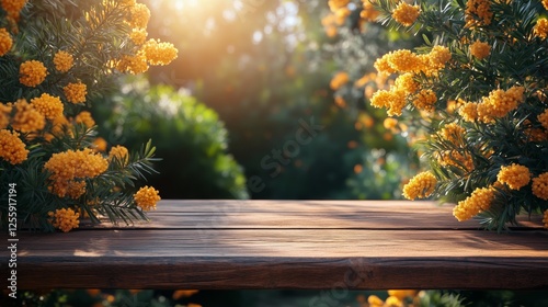 Bright golden flowers surround a wooden table in a serene garden at sunset