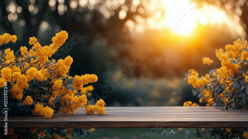 Golden sunset over blooming yellow flowers beside a wooden table in a serene ...