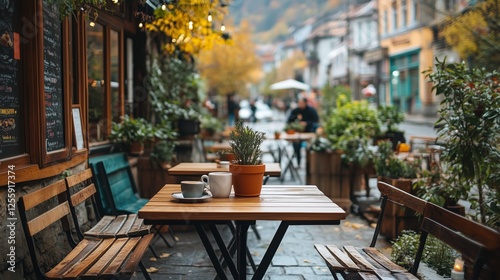 Outdoor cafe with cozy tables and autumn foliage in a charming street setting
