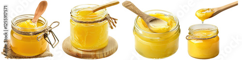 Four jars of ghee with wooden spoons, showcasing different sizes and textures of the sweet, golden substance.