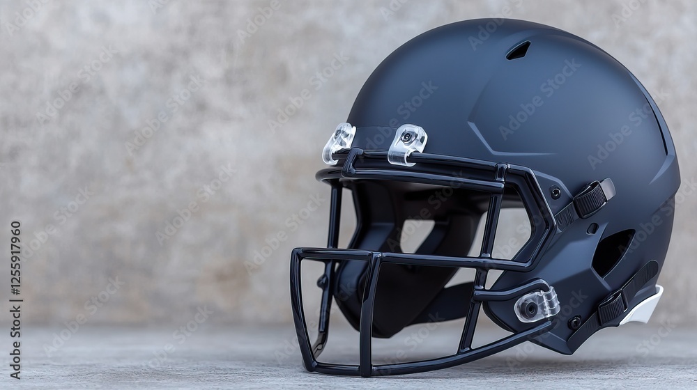 Fototapeta premium Focus on helmet safety in American football. A sleek, matte black football helmet positioned on a neutral background, emphasizing its modern design and protective features.