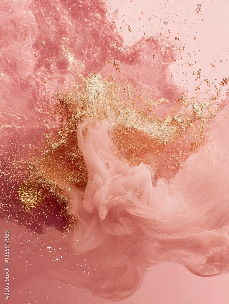 Fototapeta premium Rose gold abstract fluid art background with swirling smoke and glitter