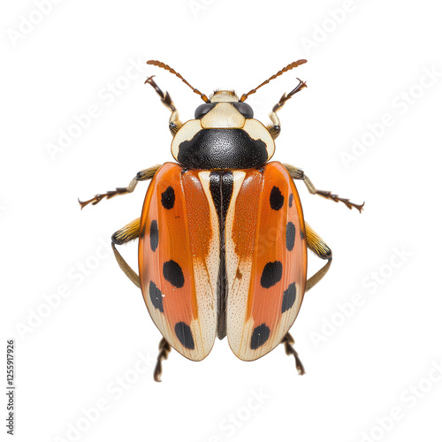 A detailed close-up showcases a ladybug with open wings, revealing vivid orange and black spots against a transparent background. photo