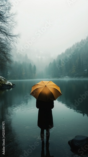 Person with yellow umbrella stands by tranquil lake in misty forest during ea...