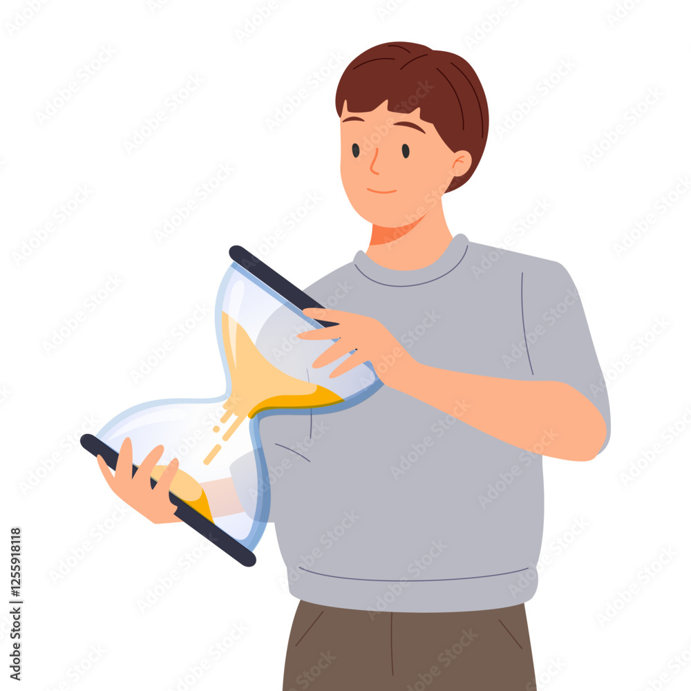 Business character holding hourglass. Time management and deadline passing, countdown, punctuality concept. Business character holding hourglass. Time management and deadline passing, countdown, punctuality concept.