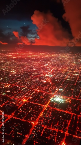 Stunning aerial view of city lights illuminated in vibrant red tones during t...