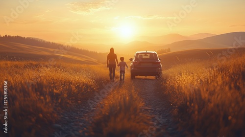 Mother and child walking towards sunset along a dirt road beside a parked car...