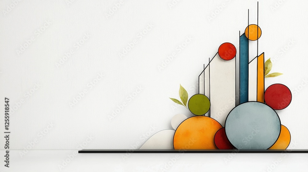 Abstract Modern Geometric Shapes in Bright Colors with Green Leaves Against a Minimalist Background Abstract Modern Geometric Shapes in Bright Colors with Green Leaves Against a Minimalist Background