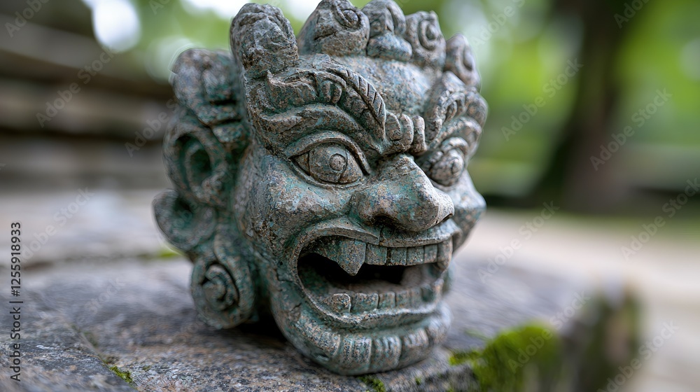 Ancient stone gargoyle head in garden setting. Potential use for travel, history, or artistic stock photography Ancient stone gargoyle head in garden setting. Potential use for travel, history, or artistic stock photography