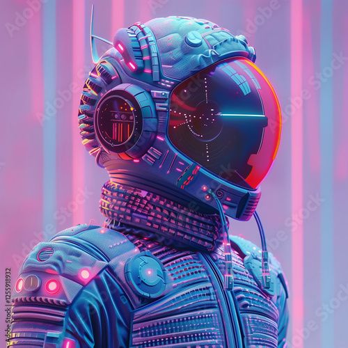 Futuristic Astronaut in Neon Cyberpunk Suit with High-Tech Helmet and Digital Visor Displaying Sci-Fi Interface, in a Glowing Pink and Blue Synthwave Environment