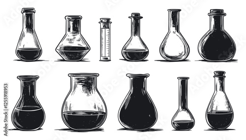 Chemistry Labware Element Kit Icons Set Black And White Block Prints Linocut Style Scientific Equipment Beaker Flask Test Tube Retort Bottles Distillation Apparatus Experimental