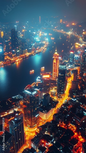 Illuminated skyline view of a vibrant city at night over a river