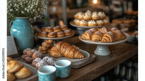 Delightful bakery display featuring fresh pastries and baked goods in a cozy ...