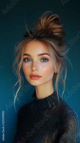 Young woman with striking blue eyes and stylish hairstyle on a dark background