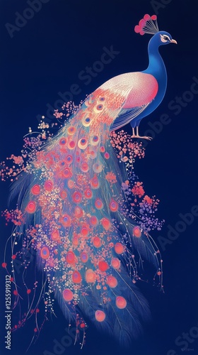 Colorful peacock displaying vibrant feathers among floral patterns in artisti...