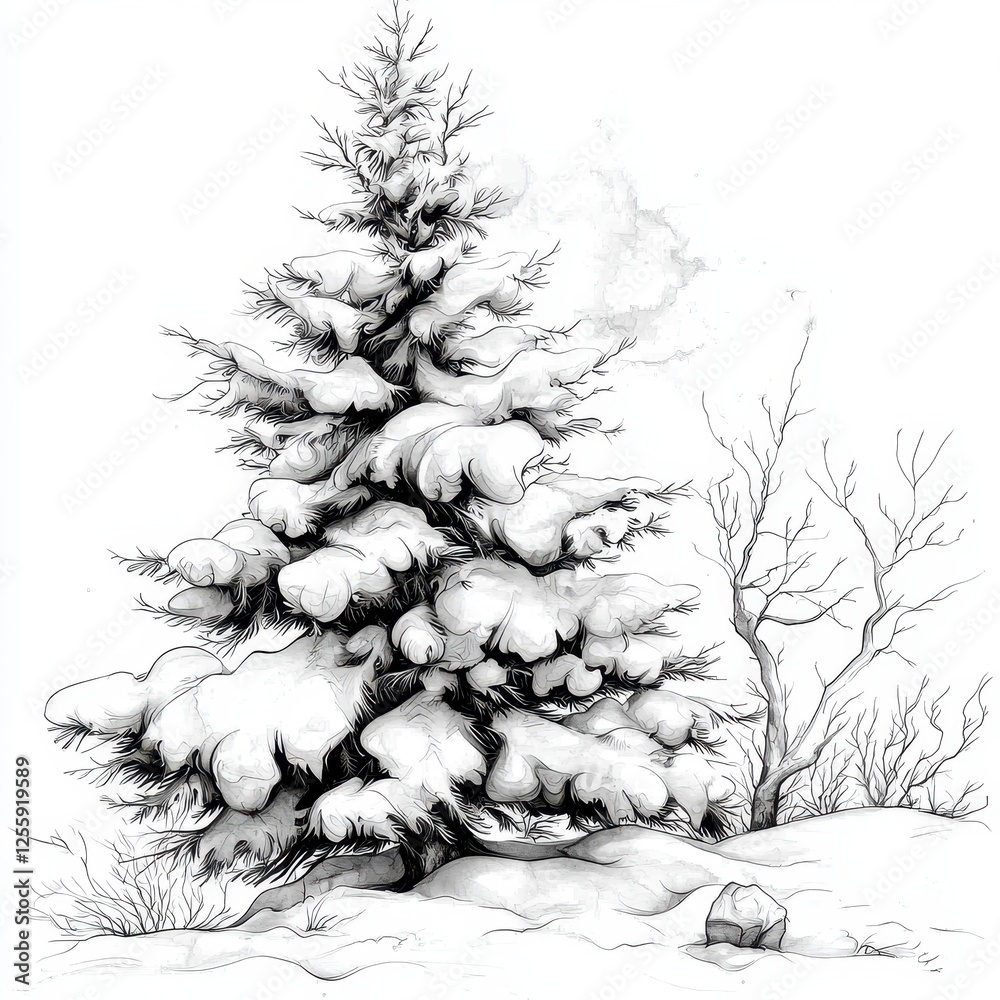 Snow Covered Pine Tree in Winter Landscape with Detailed Artistic Illustration Snow Covered Pine Tree in Winter Landscape with Detailed Artistic Illustration