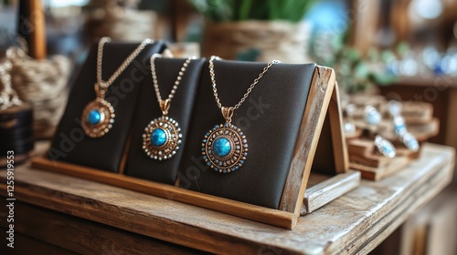 Elegant jewelry display showcasing intricate blue pendants in a boutique setting