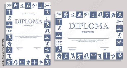 Vintage diploma or certificates of appreciation, tournament participation vector template. Sport club achievement border design with different kinds of sportsmen. School league competition award.