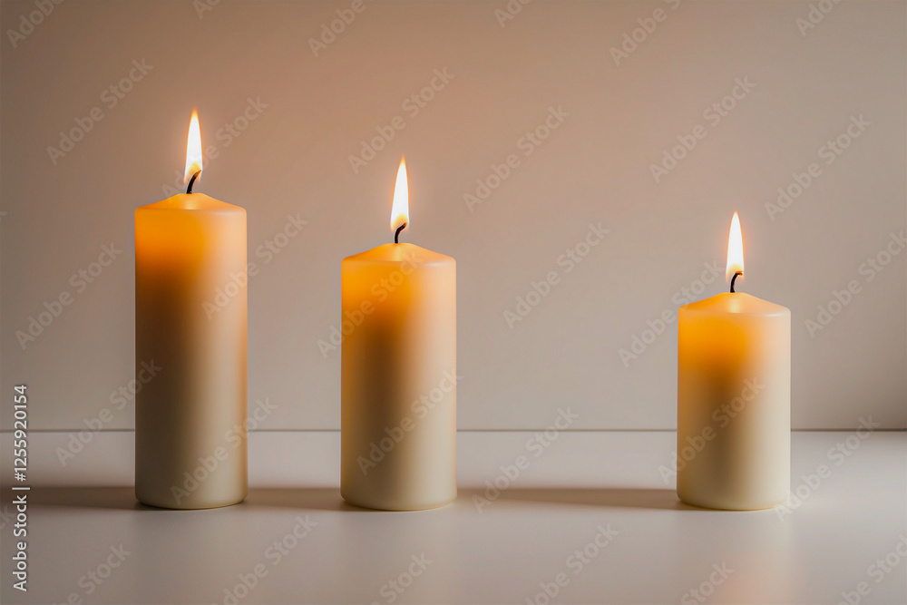 Candles in a Row. Three simple, white candles with golden flames, aligned horizontally on a plain background. The candle flames give off a soft, warm glow, to evoke a cozy, festive atmosphere Candles in a Row. Three simple, white candles with golden flames, aligned horizontally on a plain background. The candle flames give off a soft, warm glow, to evoke a cozy, festive atmosphere