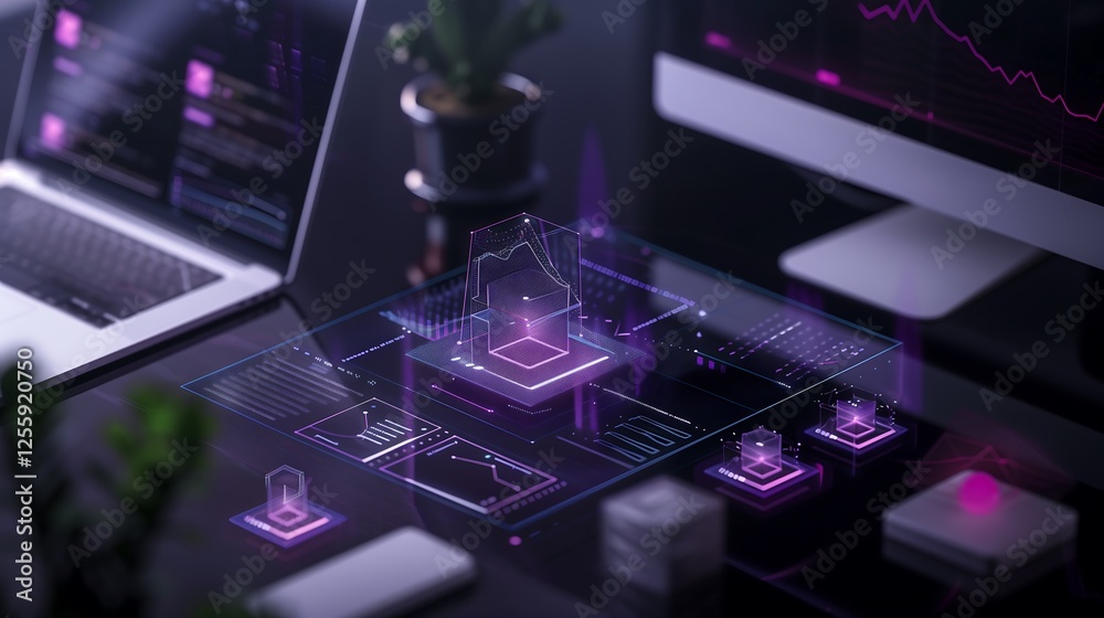 A high-tech office with digital business reports, cryptocurrency market trends, and blockchain security symbols appearing as floating AR holograms. A high-tech office with digital business reports, cryptocurrency market trends, and blockchain security symbols appearing as floating AR holograms.