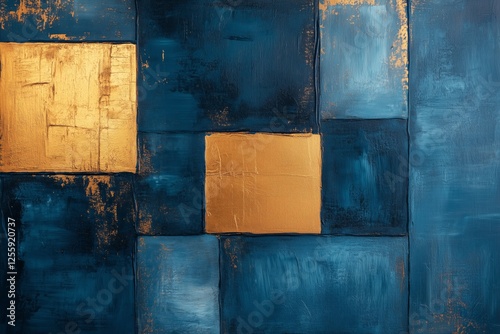 Modern abstract artwork featuring blue and gold color palette and geometric s...