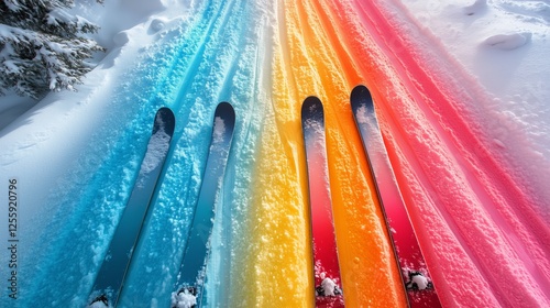 Colorful ski trails in winter showcasing vibrant patterns and snow-covered la...