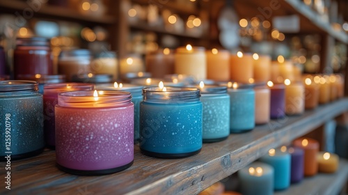 Colorful candles arranged on wooden shelves creating a warm and inviting atmo...