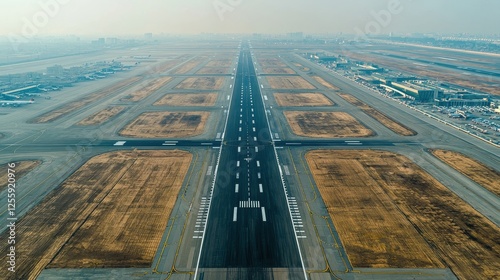 Tarmac airport runway, Aerial view of large airport runway with surrounding taxiways and terminals.