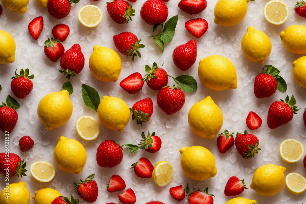 set of a lemon and strawberry in different positions set of a lemon and strawberry in different positions