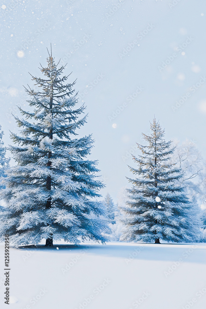 Fototapeta premium Winter forest. Winter wonderland, evoking a sense of peaceful stillness and wintery tranquility, cozy atmosphere, reminiscent of a quiet winter morning, perfect for relaxation