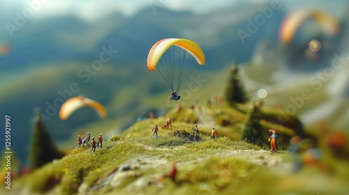 A vibrant scene of paragliders soaring over a scenic landscape with spectators below.