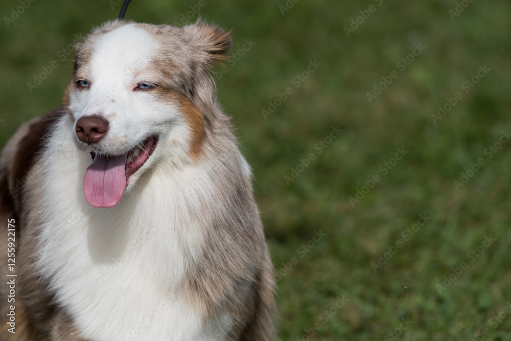 Miniature American Shepherd walking with tongue hanging out Miniature American Shepherd walking with tongue hanging out