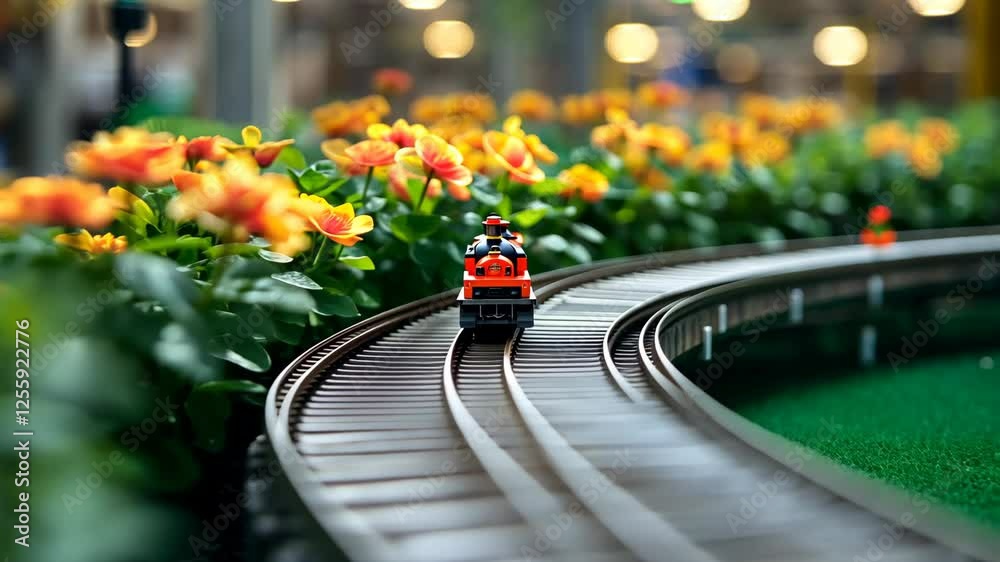 Model train running through vibrant flowers in a miniature landscape