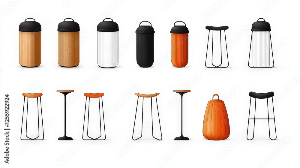 Collection of Modern Stylish Containers and Unique Bar Stools in Various Colors and Designs Collection of Modern Stylish Containers and Unique Bar Stools in Various Colors and Designs