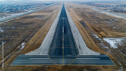 Tarmac airport runway, Aerial view of long airport runway surrounded by barren landscape.