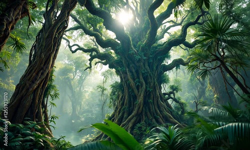 Majestic jungle trees with lush foliage swaying in gentle breeze