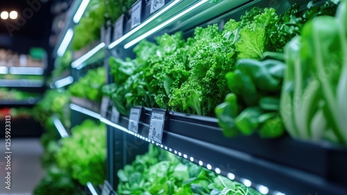 Fresh leafy greens displayed on supermarket shelf