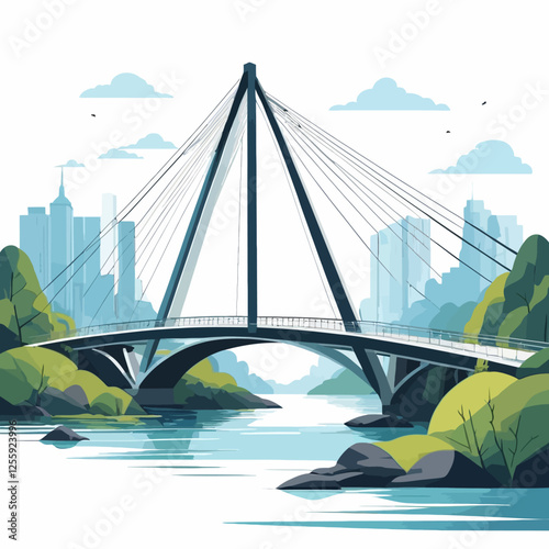 3D bridge, suspension bridge, scenic bridge, vector illustration.	