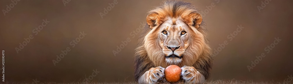 Majestic Lion with Apple in Natural Habitat Portrait Style Majestic Lion with Apple in Natural Habitat Portrait Style