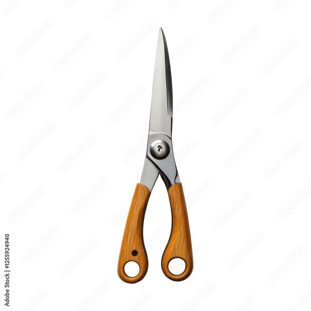 This image features a pair of stainless steel scissors with wooden handles against a transparent background. This image features a pair of stainless steel scissors with wooden handles against a transparent background.