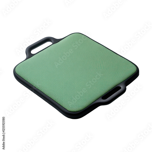 A green, square gardening kneeler with ergonomic handles is displayed against a transparent background, highlighting its design.
