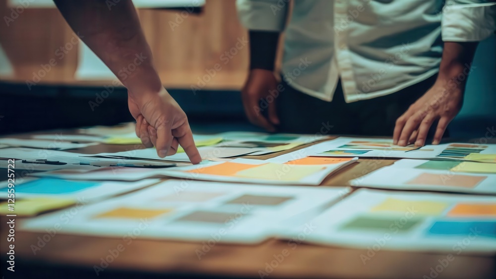 Two professionals discuss color palettes on a table. Two professionals discuss color palettes on a table.
