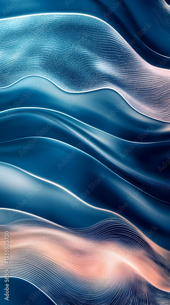 Naklejka premium Elegant blue waves, soft peach highlights. Ideal background. Flowing silk, smooth texture. Good for website, display, ads, design