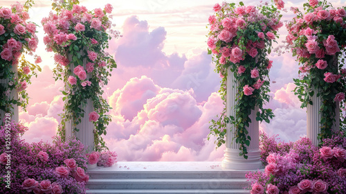 Pink roses adorn pillars on a marble platform in a cloudy sky setting, ideal for romantic backgrounds