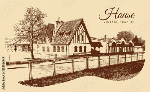 Rural landscape with house, field and trees. Village and nature. Vintage brown and beige graphics, engraved, vector. Old retro design.	