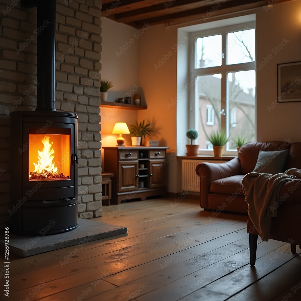Fototapeta premium Cozy Living Room with Fireplace & Leather Sofa _ Home Interior