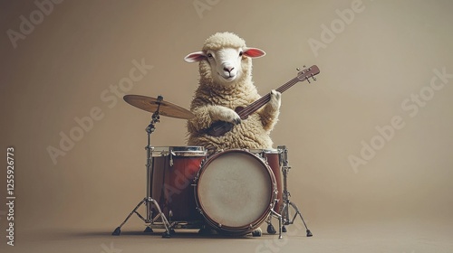Sheep Playing Drums and Guitar in a Studio Setting