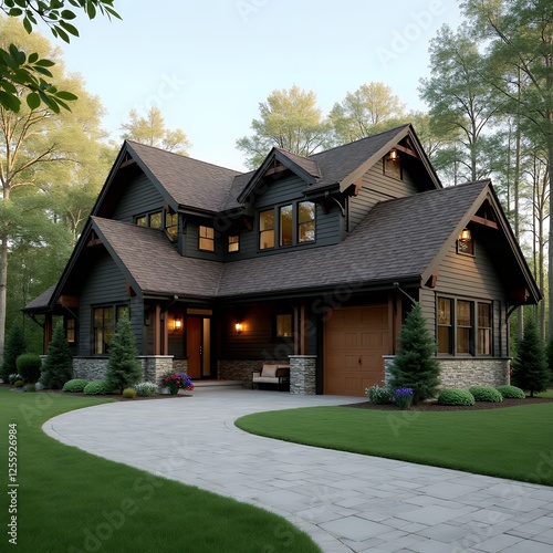 Craftsman Style Home Exterior, Landscaped Front Yard